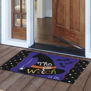 Halloween Front Doormat The Witch Is In‎ Witches Black Hat Purple Black Spider